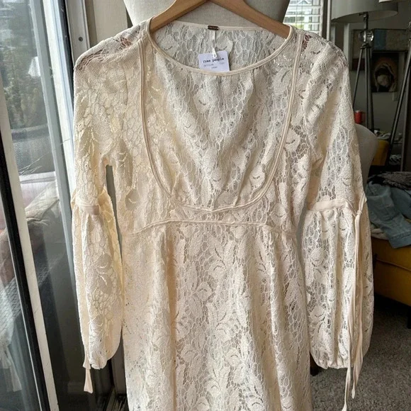 NWT Free People Ruby Lace With Tie Sleeves Ivory Dress, Size xs baby doll - Picture 13 of 16